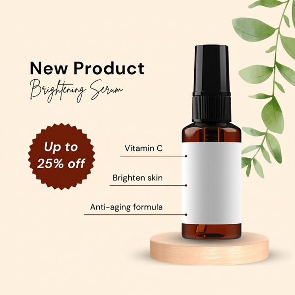 A clean, studio-lit 1:1 image featuring a brightening serum bottle with prominent benefit callouts and an enticing discount badge.